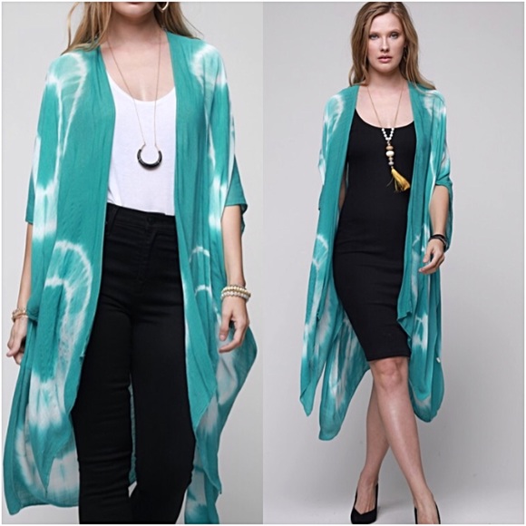 Boho Mint Tie Dye Kimono Beach Coverup O/S - Picture 3 of 5